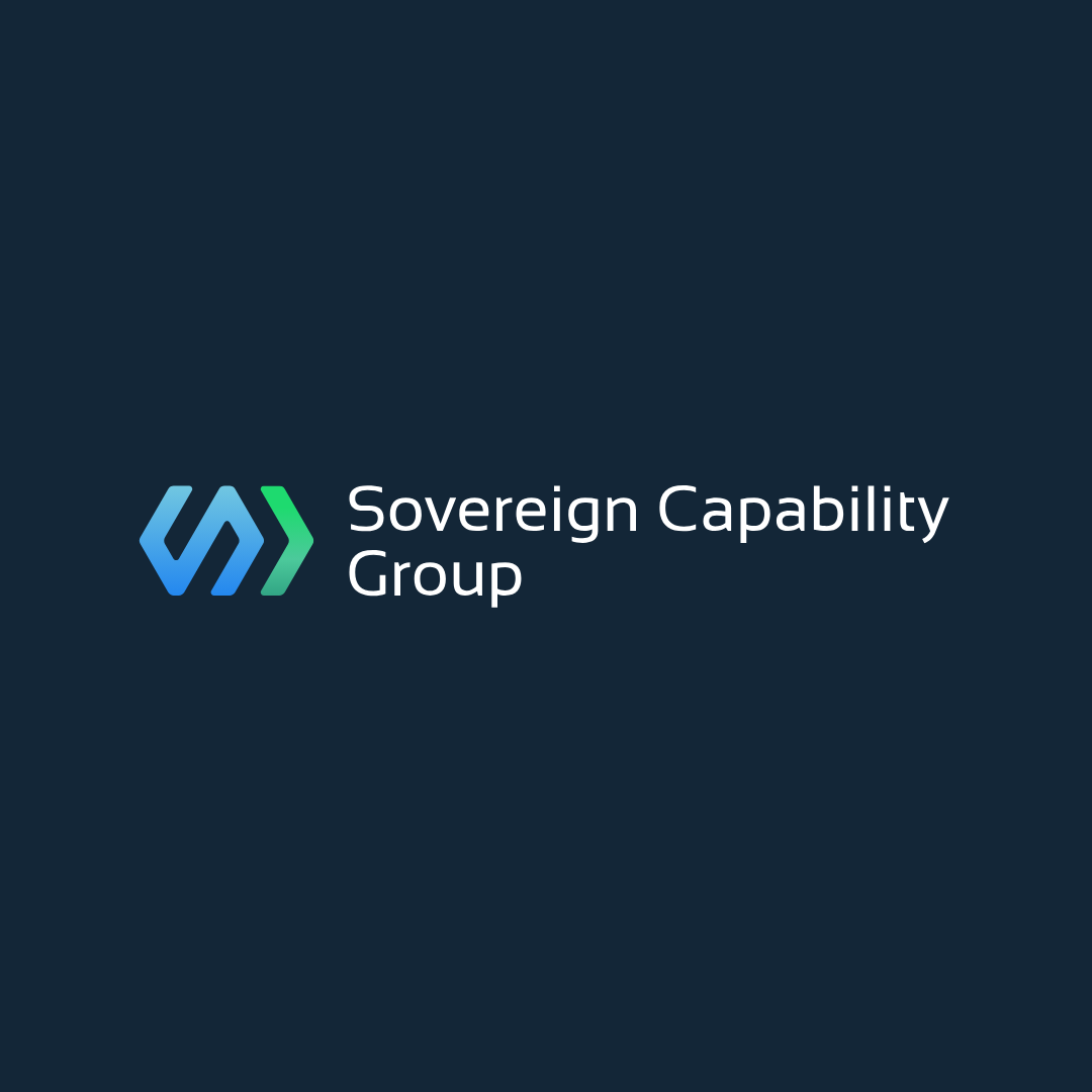 Sovereign Capability Group Logo with Geometrical blue Australia and green arrow brand mark