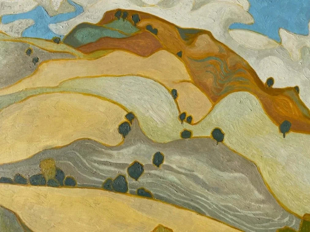 Abstract painting of rolling hills with patches of yellow, green, brown, and gray, dotted with small dark trees under a partly cloudy sky.
