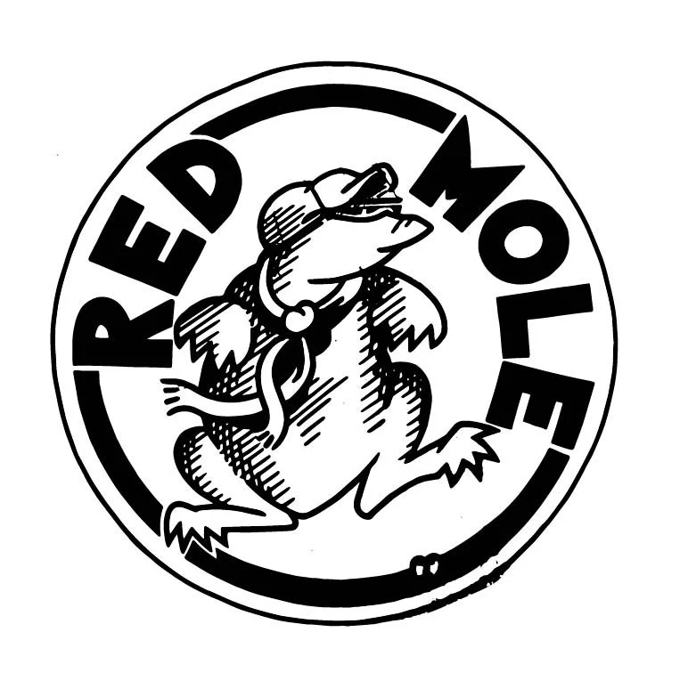 Black and white logo of a rat wearing sunglasses, with the words 'Red Molé' in a circular arrangement around it.
