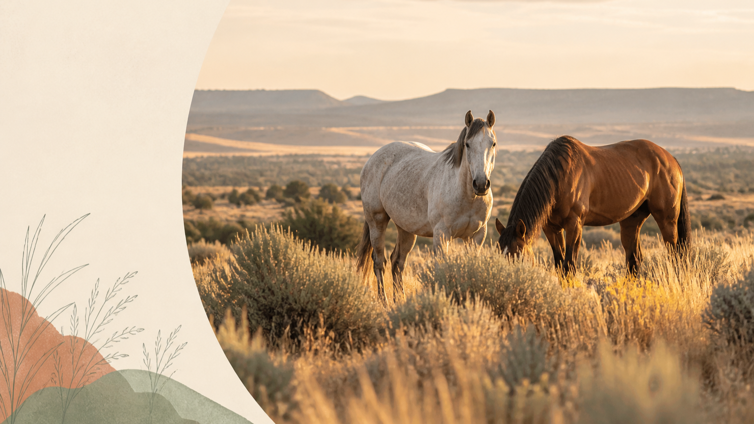 Two horses grazing in a desert landscape at sunset, with mountains in the background.