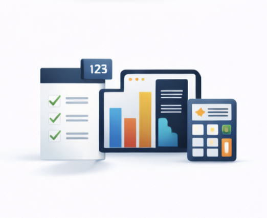 A person working in a design studio, looking at a colorful abstract geometric artwork on a computer monitor. The desk has color swatches, a graphics tablet, pens, and a lamp. There are sketches and a calendar on the wall behind.