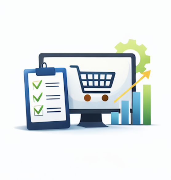 A person working at a wooden desk with a laptop displaying data charts, surrounded by printed documents, a smartphone, a cup, and markers.