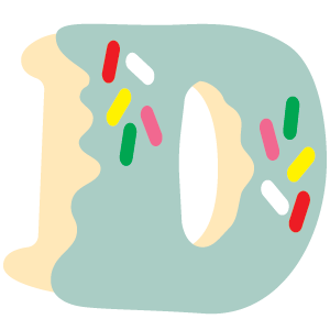 Letter D-shaped donut with light blue icing and colorful sprinkles