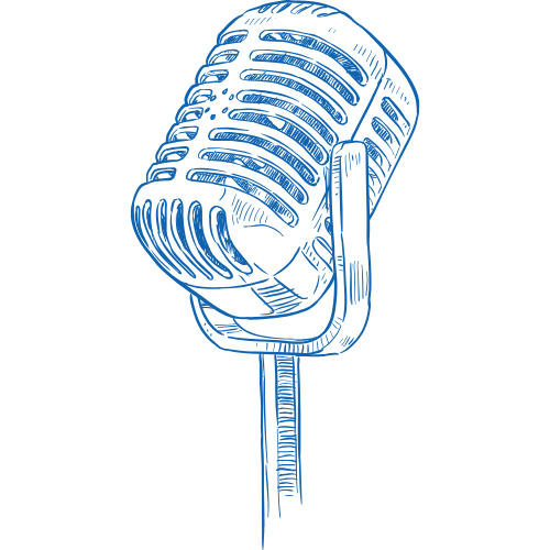Blue illustrated vintage microphone on a stand.