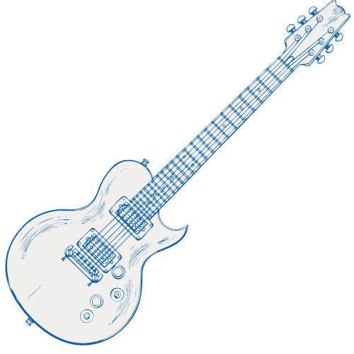 A line drawing of an electric guitar with a solid body, two pickups, and a six-string neck.