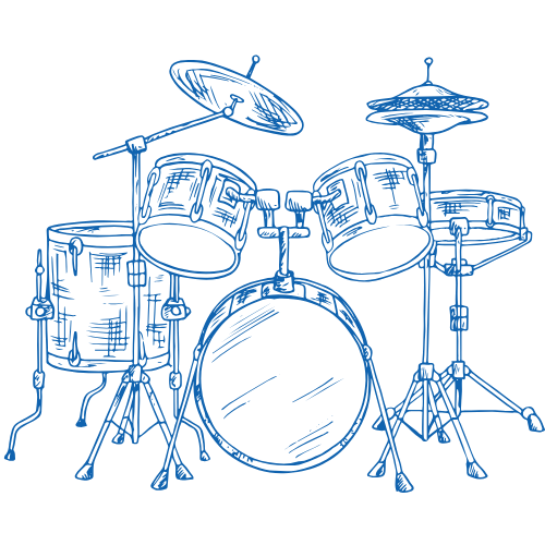 Line drawing of a drum set with cymbals, drums, and drumsticks against a black background.