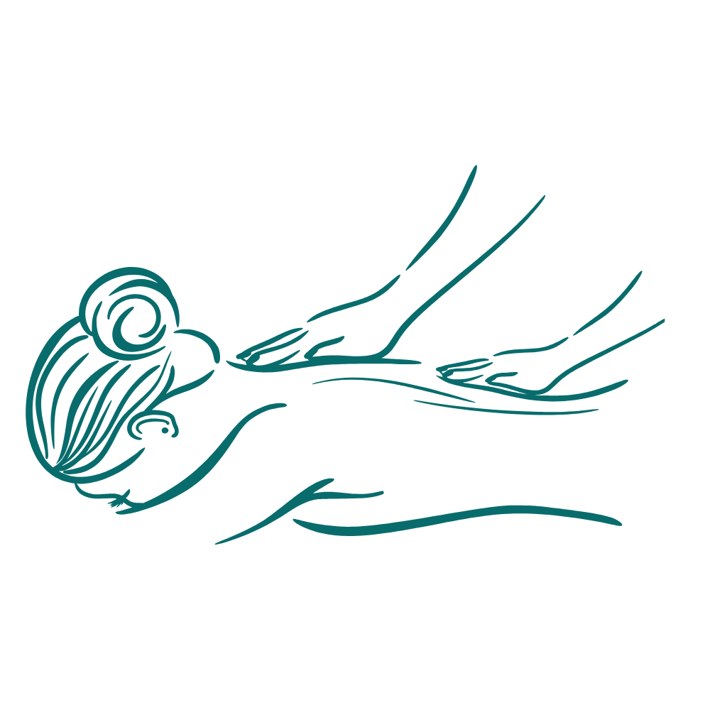 Illustration of a person receiving a back massage, outlined simply in teal. It's Remedial Massage but the scene suggests relaxation.