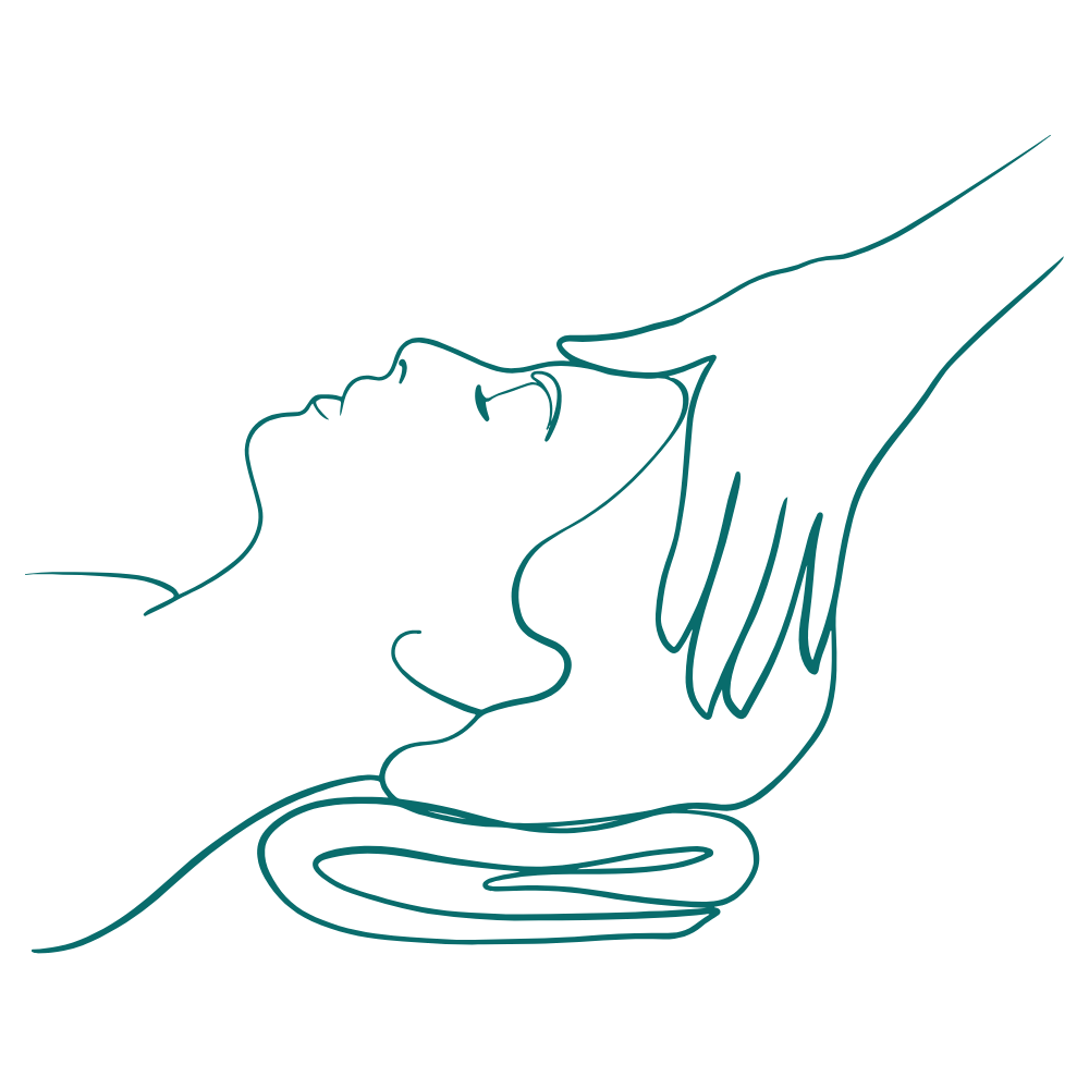 Line art of a serene face resting on a pillow, with a hand gently cradling the head, symbolising osteopathy.