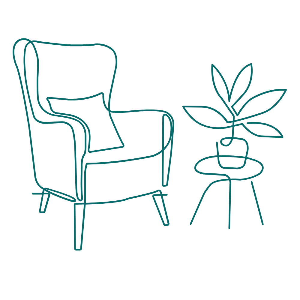 Line drawing of a cozy chair with a pillow, next to a small table holding a potted plant. The psychology chair is conveying calm and comfort.