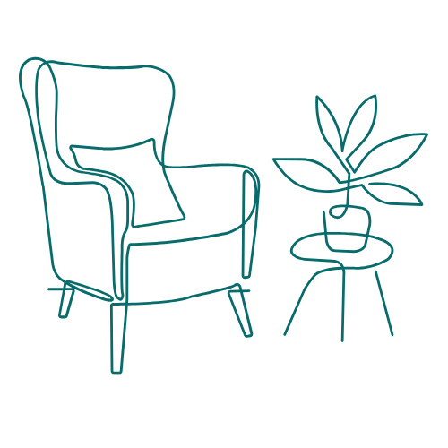 Line drawing of a cozy chair with a pillow, next to a small table holding a potted plant. The psychology chair is conveying calm and comfort.