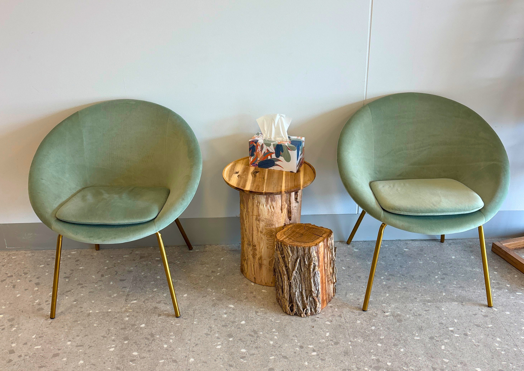 Two pale green, round chairs with gold legs flank a rustic wooden table topped with a colourful tissue box, creating a cozy, inviting atmosphere.