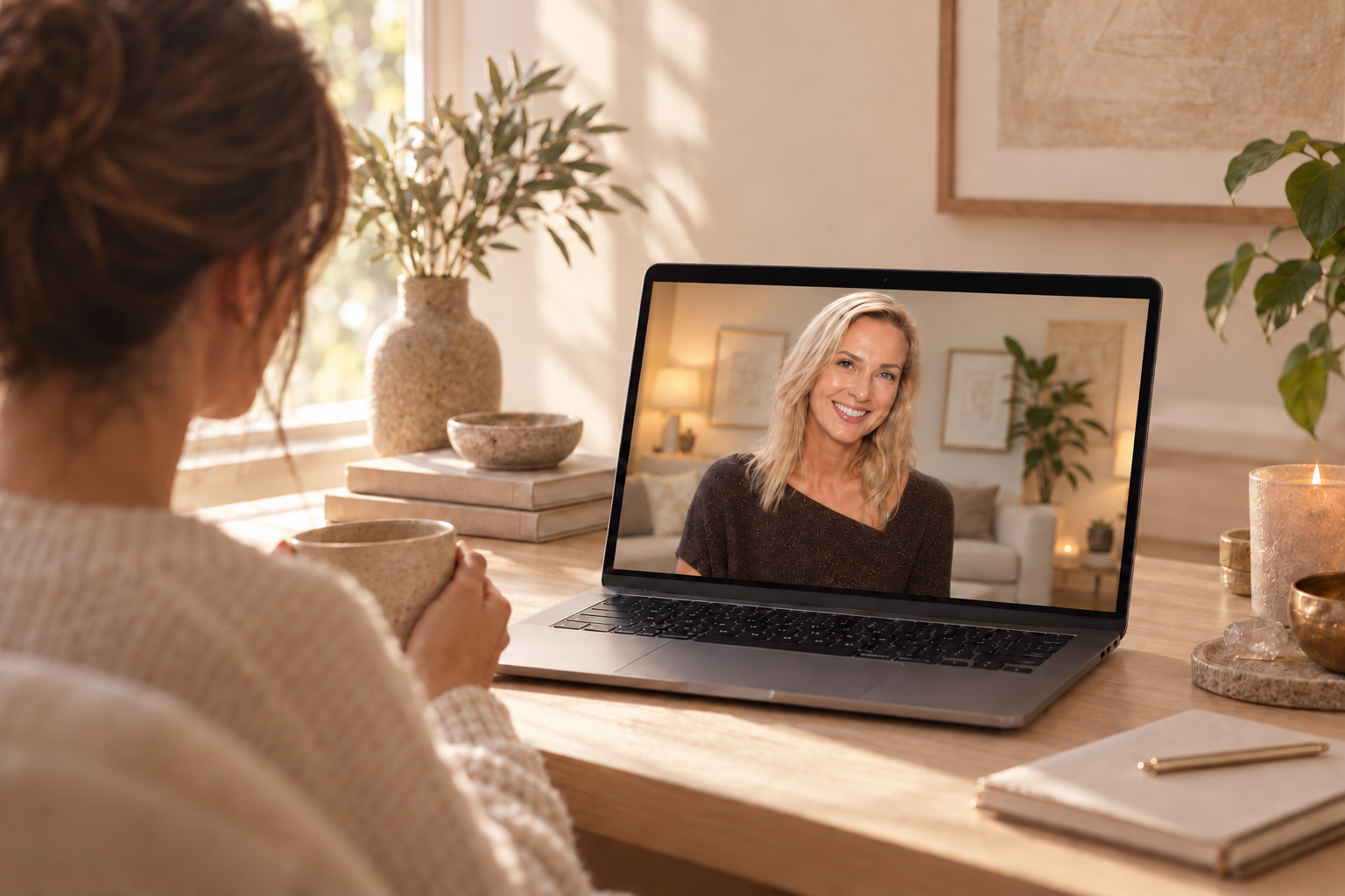 A client connecting with Nic for a personalised online wellbeing session from home.