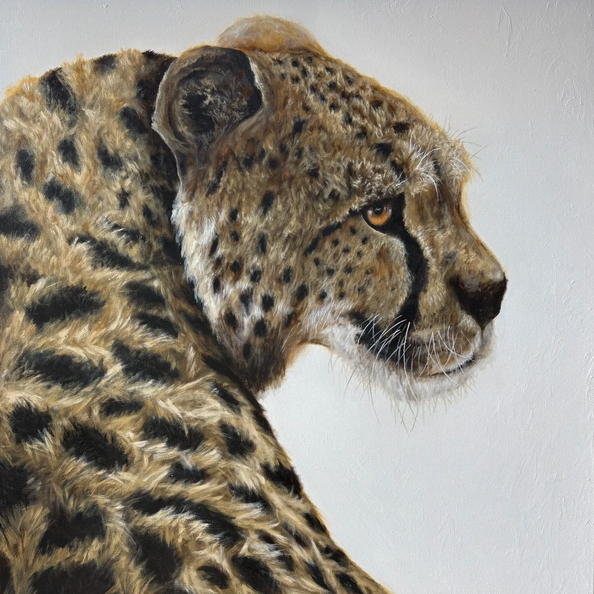 Painting of a close-up of a leopard's face with yellow eyes, detailed fur, and distinctive spots.