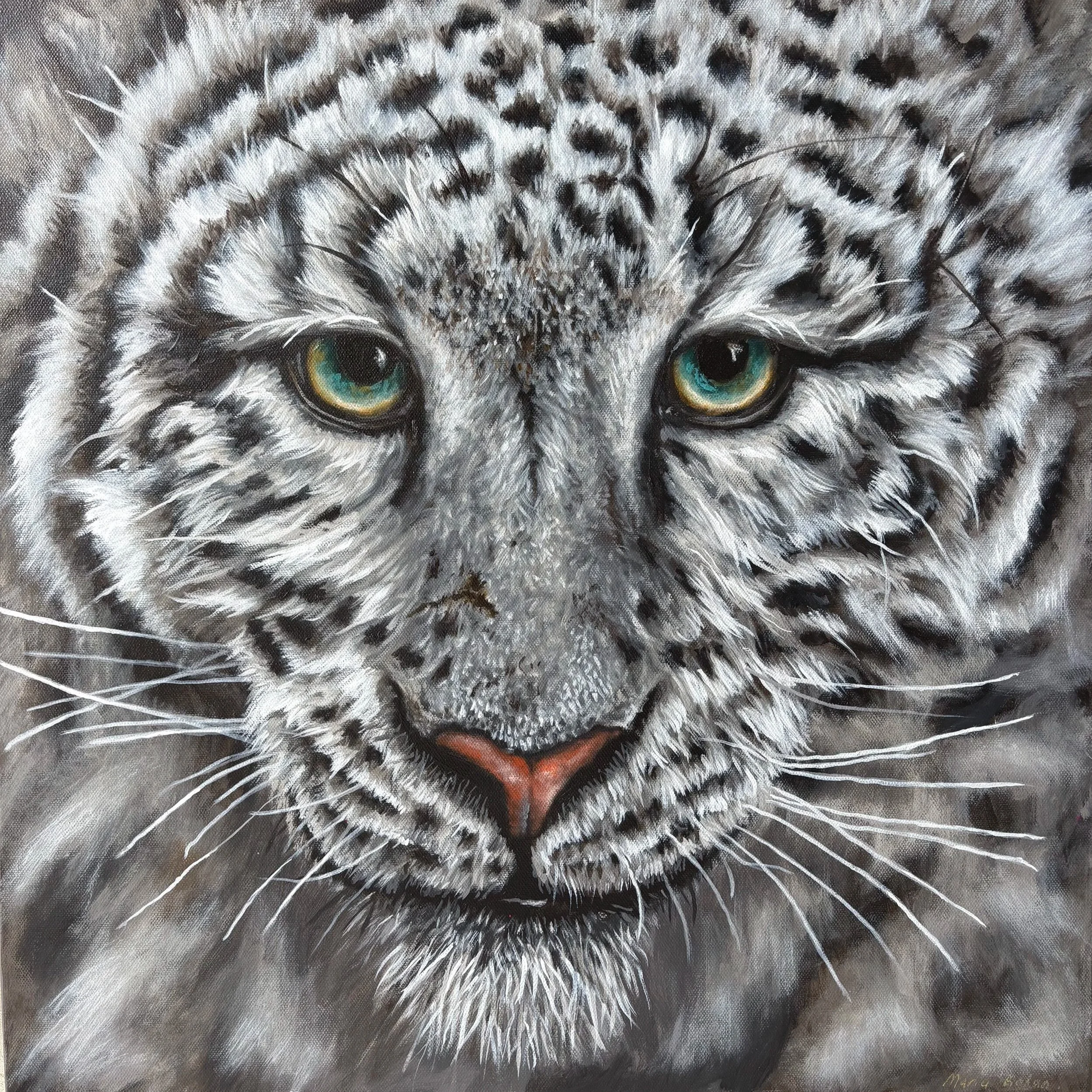 Close-up painting of a snow leopard's face showing striking yellow-green eyes, black and white fur with distinct markings, and detailed whiskers.
