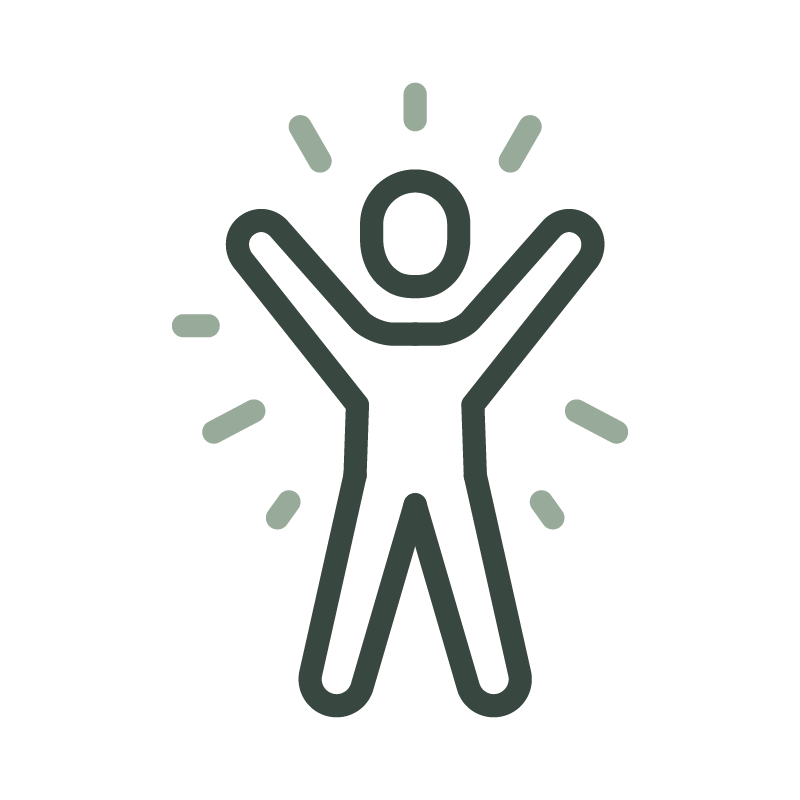 Outline of a person with arms raised in celebration, surrounded by lines indicating excitement.