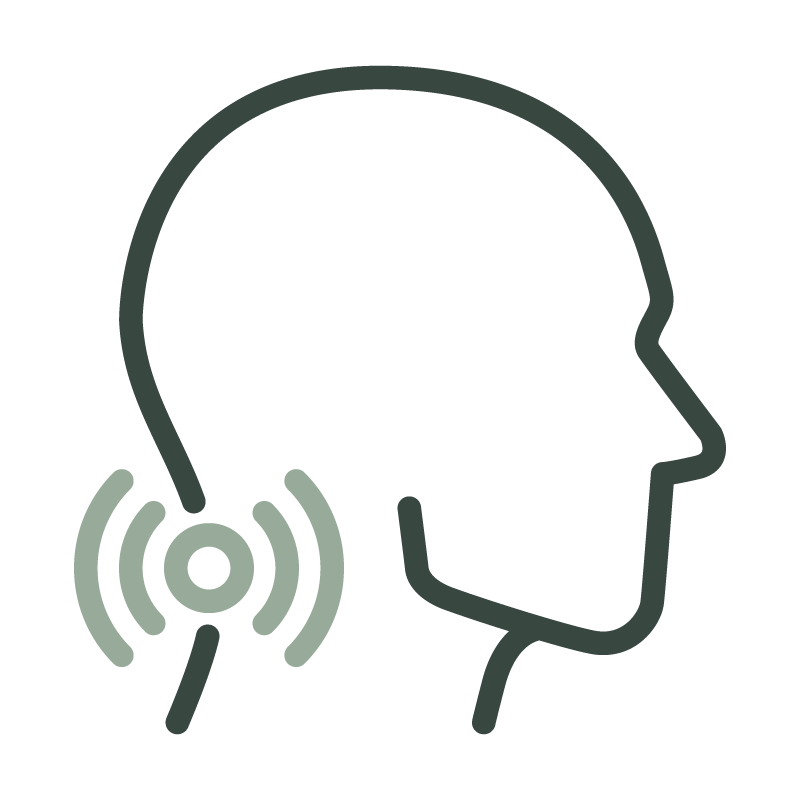 Outline of a person's head with a depiction of sound waves or communication signals near the ear.