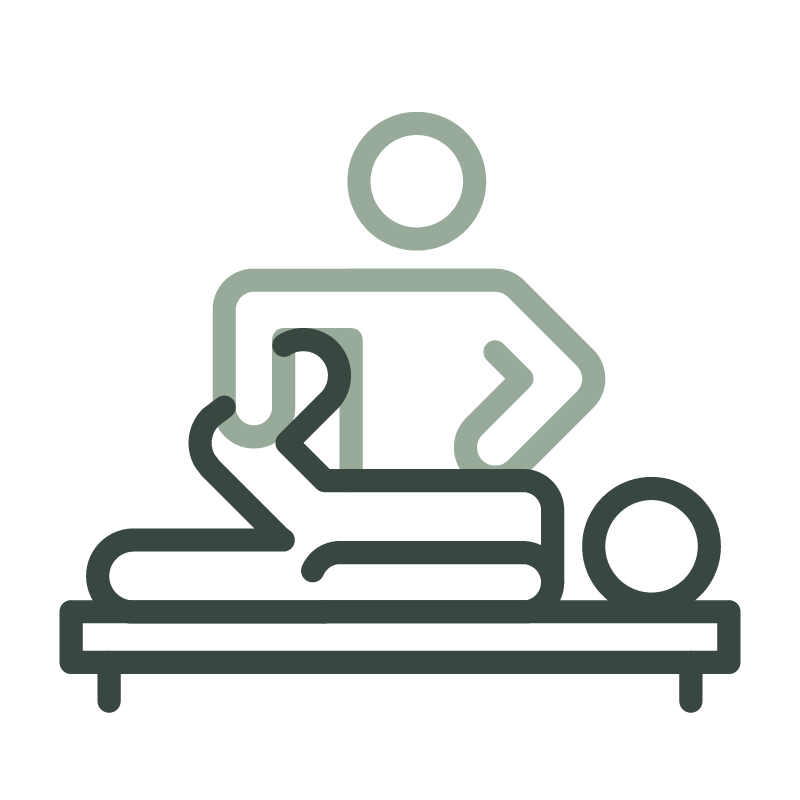 Minimalist line drawing of a person in a wheelchair assisting another person lying on a bed, with a ball nearby.