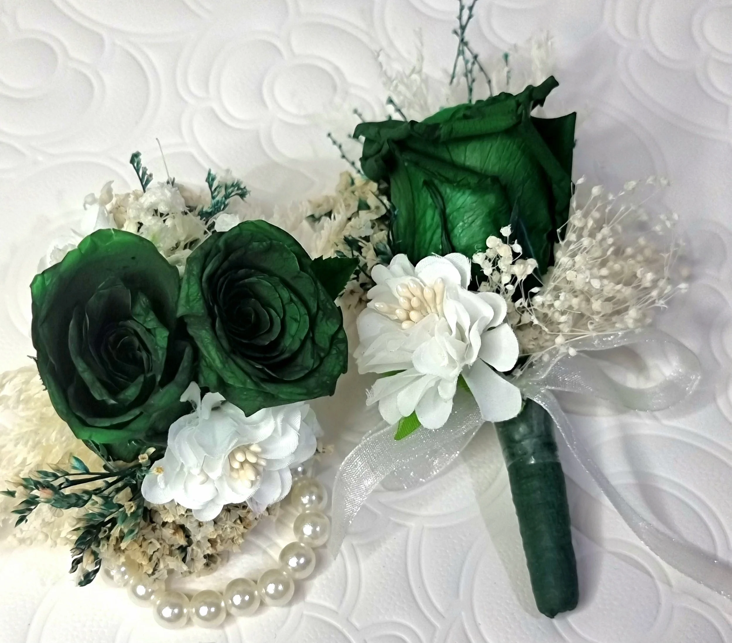 Emerald green Boutonniere and Corsage, 