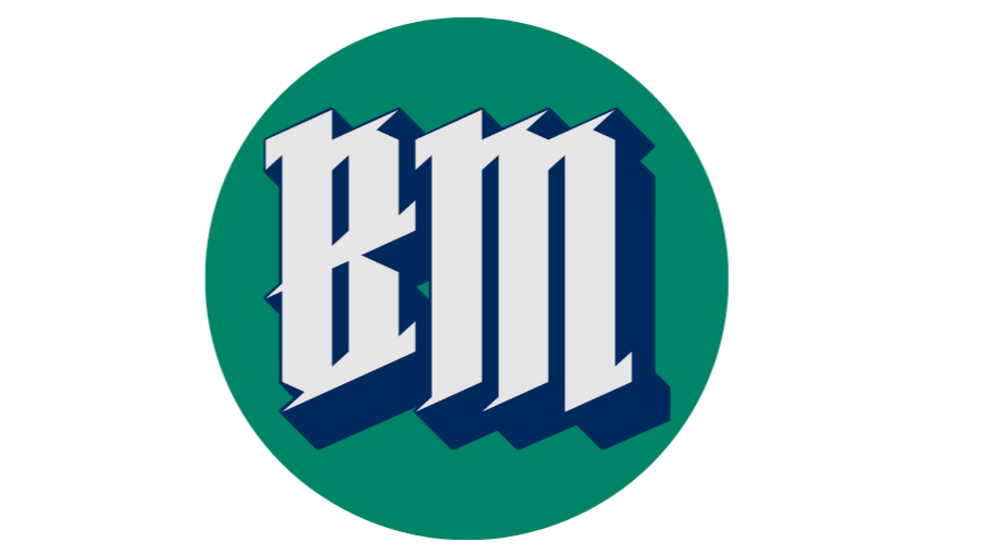 A logo with stylized white letters 'B M' on a dark blue background inside a green circle.