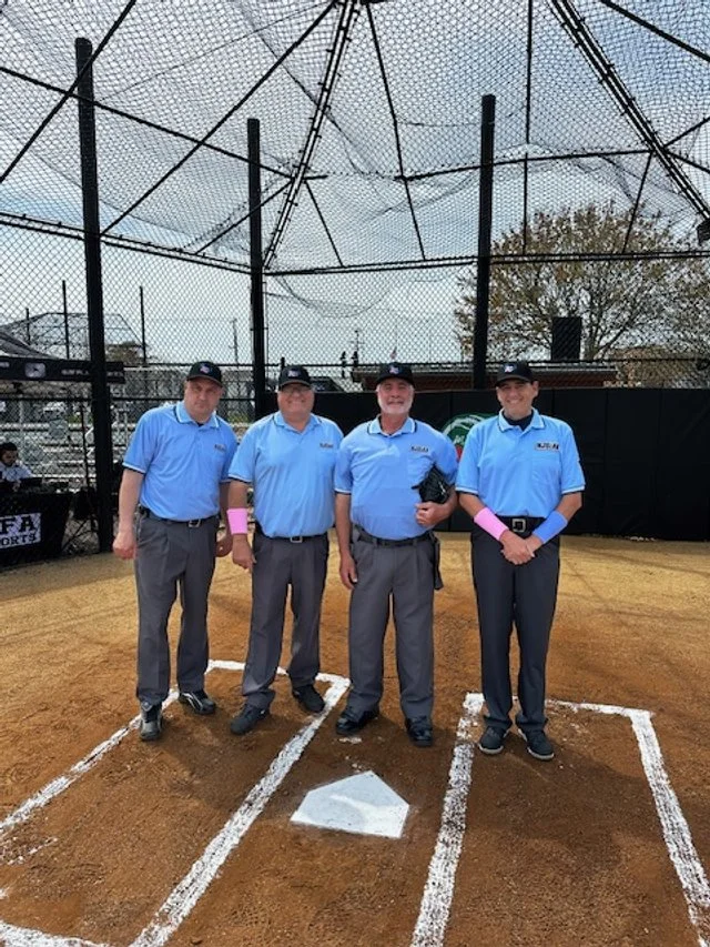 Four umpires standing on home plate at a baseball field, wearing blue shirts, gray pants, and black caps. The field has a pitcher's mound and bases visible, with a protective netting overhead and a black fence behind. Two of the umpires are wearing pink wristbands.