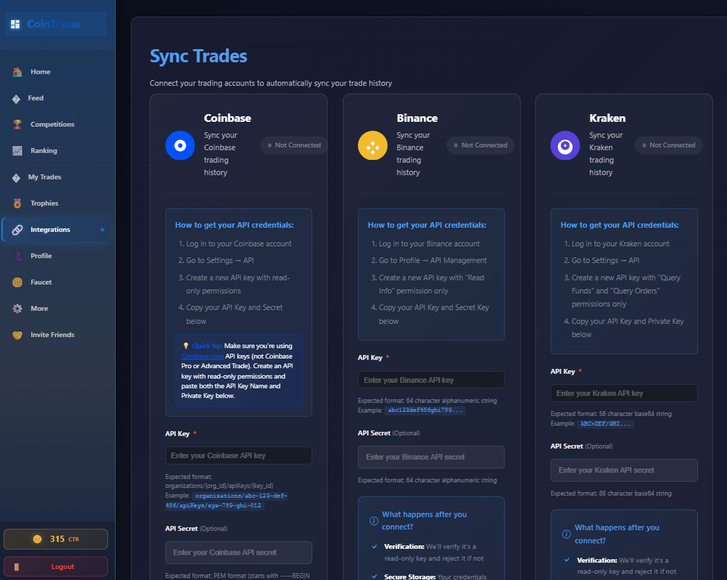 Screenshot of a cryptocurrency trading platform showing the 'Sync Trades' page with API credential input fields for Coinbase, Binance, and Kraken.