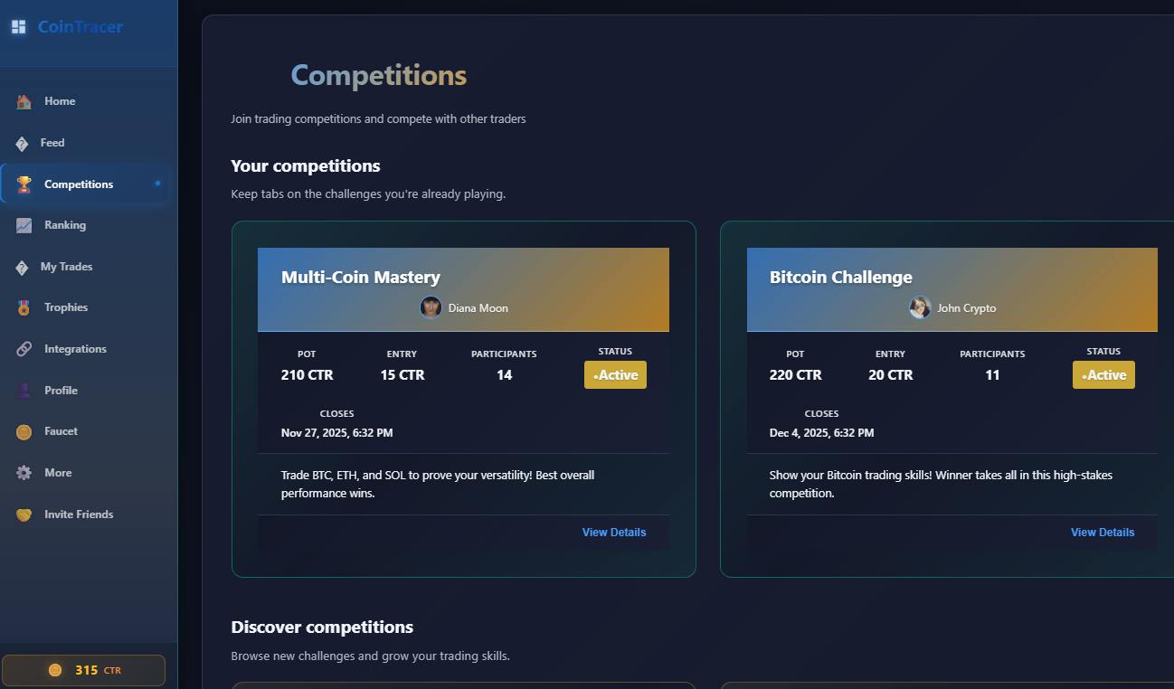 Screenshot of a trading competition webpage with two active competitions titled Multi-Coin Mastery and Bitcoin Challenge. The Multi-Coin Mastery is led by Diana Moon with 14 participants, and the Bitcoin Challenge is led by John Crypto with 11 participants. Both competitions show pot, entry fee, number of participants, status, and close date.