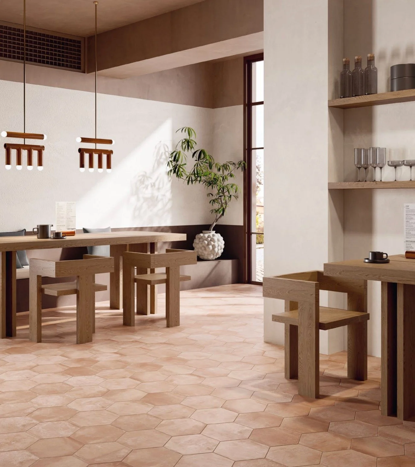 The terracotta feel, but not as you know it.

Unlike the high maintenance of terracotta material, the Cotto shade of PETITE tiles provides the look but with the practicality of its porcelain material.

What's more, in this unique hexagonal shape you 