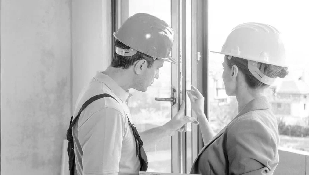 Deux ouvriers menuisiers toulousains avec des casques de sécurité règles fenêtre pour qu'elle ferme mieux