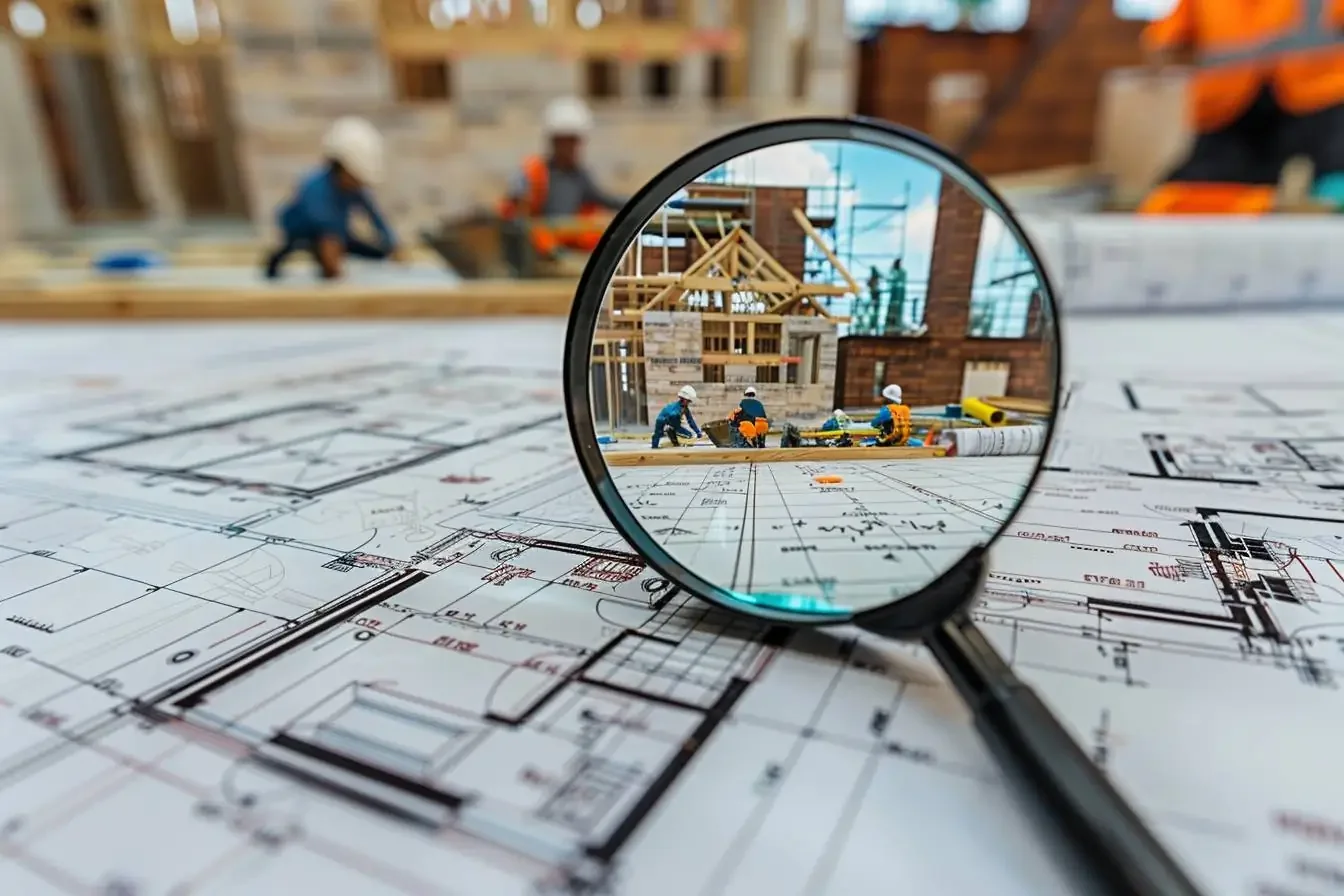 Plans d'architecture sur une table avec une loupe mettant en évidence des ouvriers en construction dans un bâtiment en cours de construction.