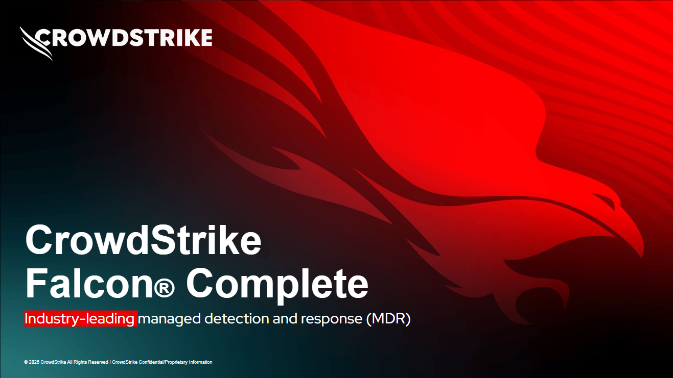 Presentation slide with the CrowdStrike logo and a red abstract falcon graphic. Title text reads, "CrowdStrike Falcon Complete," and the subtitle mentions managed detection and response (MDR).
