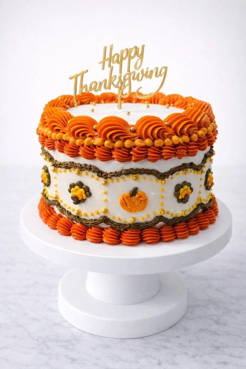 Thanksgiving-themed decorated cake with orange, yellow, and brown frosting, a 'Happy Thanksgiving' topper, and pumpkin motif decorations on a white cake stand.