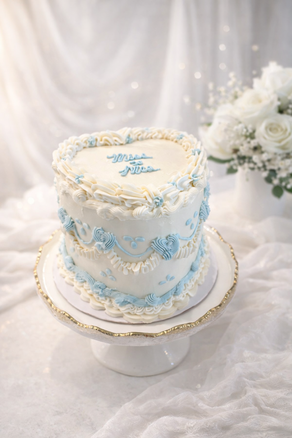 A two-tiered white wedding cake with blue and white decorative piping, placed on a white cake stand with gold trim, and a bouquet of white roses in the background.