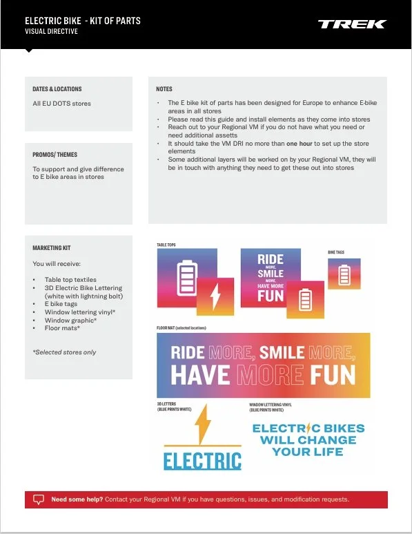 Instruction sheet for electric bike kit parts with sections on dates, notes, promotional themes, and marketing kit items, including table top graphics, bike tags, vinyl lettering, and floor mats, featuring colorful battery and slogan graphics.