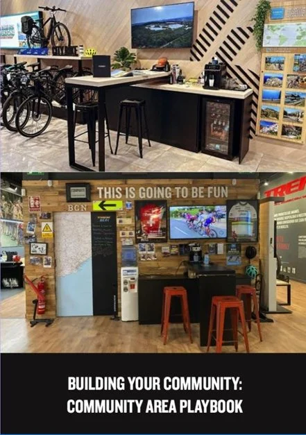 Two indoor community spaces. The top space has a TV, bicycle, plants, and a bar-height table with stools. The bottom space features a mural, TV, informational posters, and a table with two stools, with text that reads "This is going to be fun" and "Building your community: community area playbook."