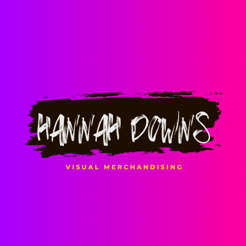 Graphic design featuring pink and purple gradient background with the text 'Hannah Downs' in large white brushstroke font and 'Visual Merchandising' in smaller yellow font.