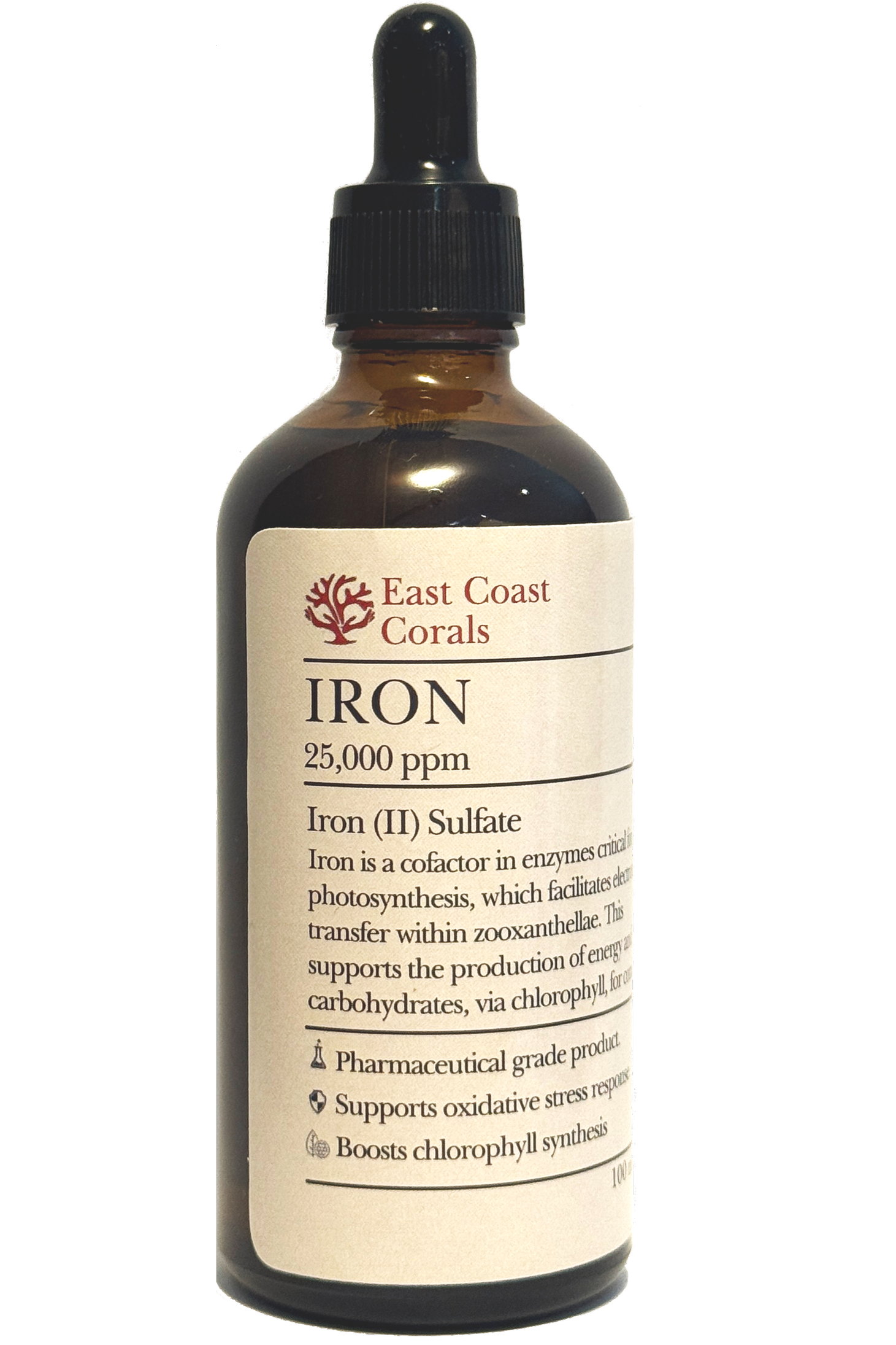 A brown bottle with a black dropper cap labeled East Coast Corals IRON 25,000 ppm, containing Iron (II) Sulfate for coral supplementation.