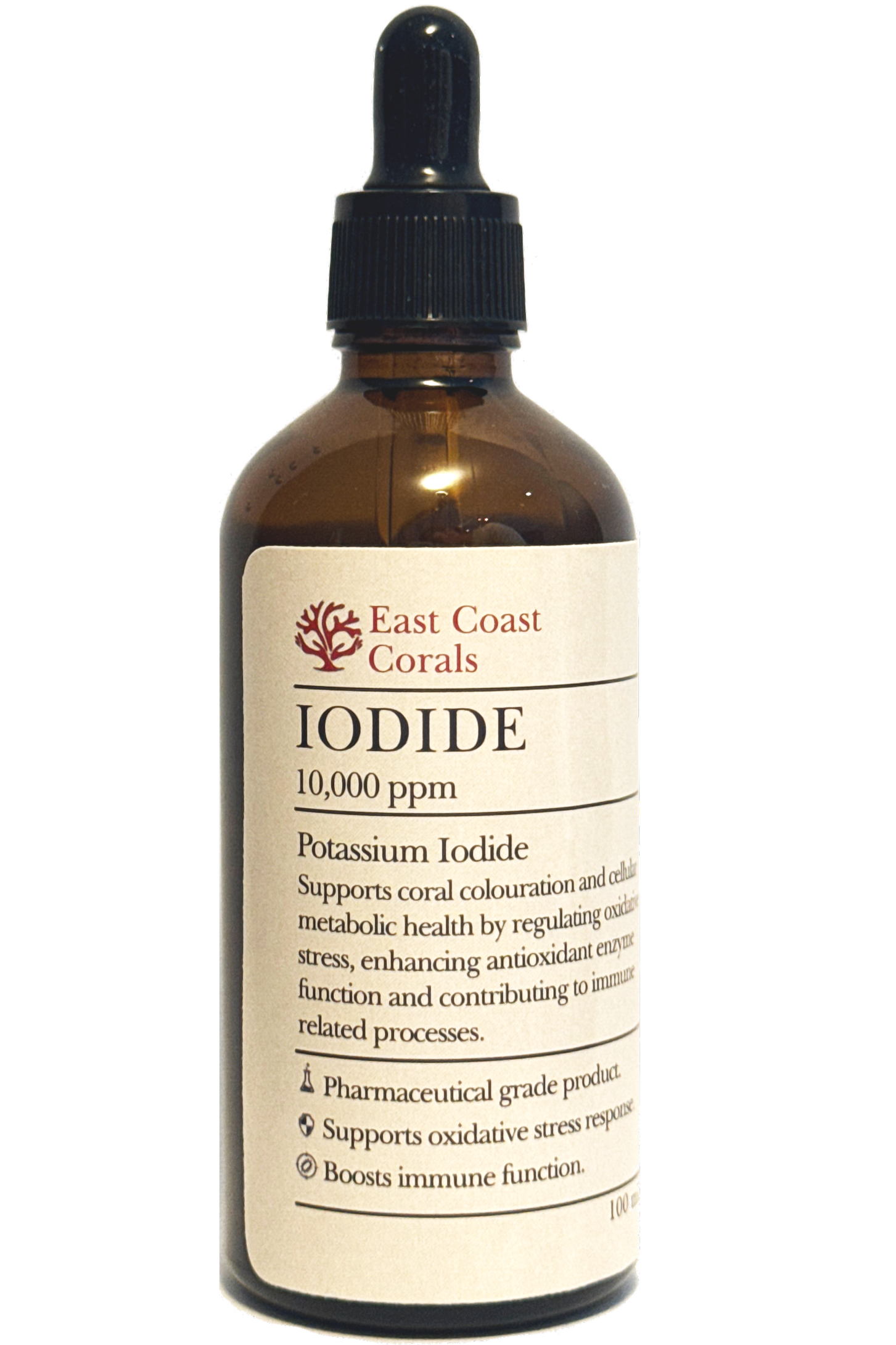 A brown glass bottle with a dropper cap labeled 'East Coast Corals Iodide 10,000 ppm Potassium Iodide' promoting immune health, coral coloration, and oxidative stress response.