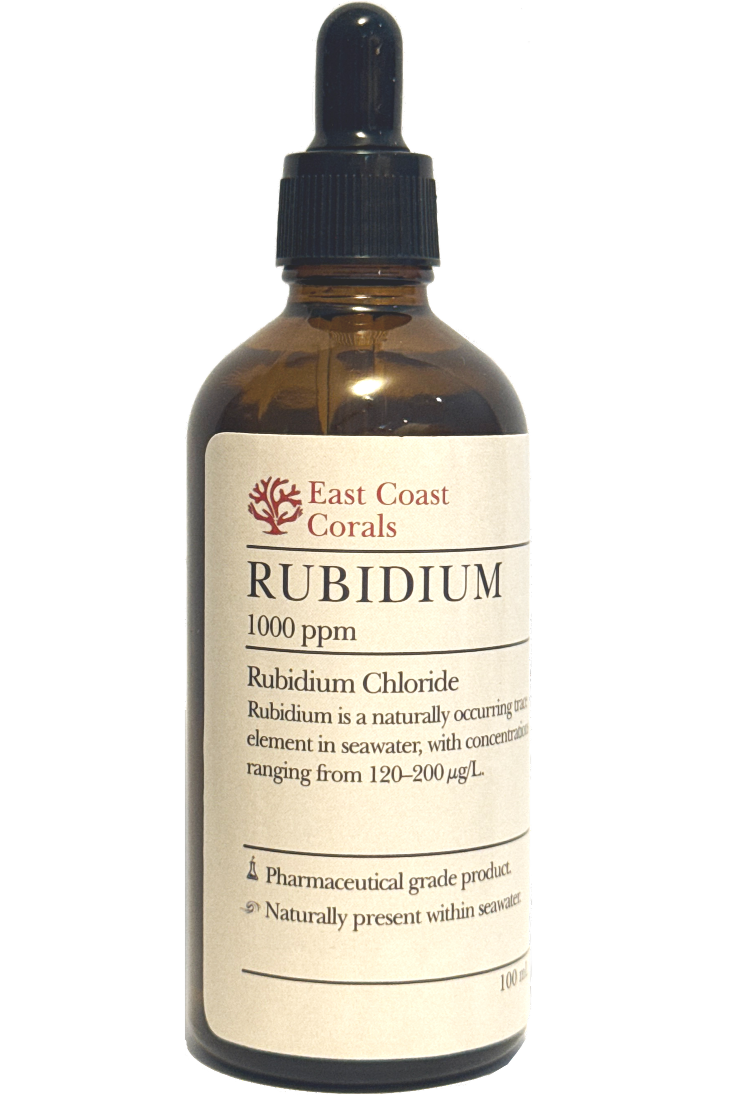 Bottled supplement labeled 'Rubidium' from East Coast Corals, containing 1000 ppm of rubidium chloride.