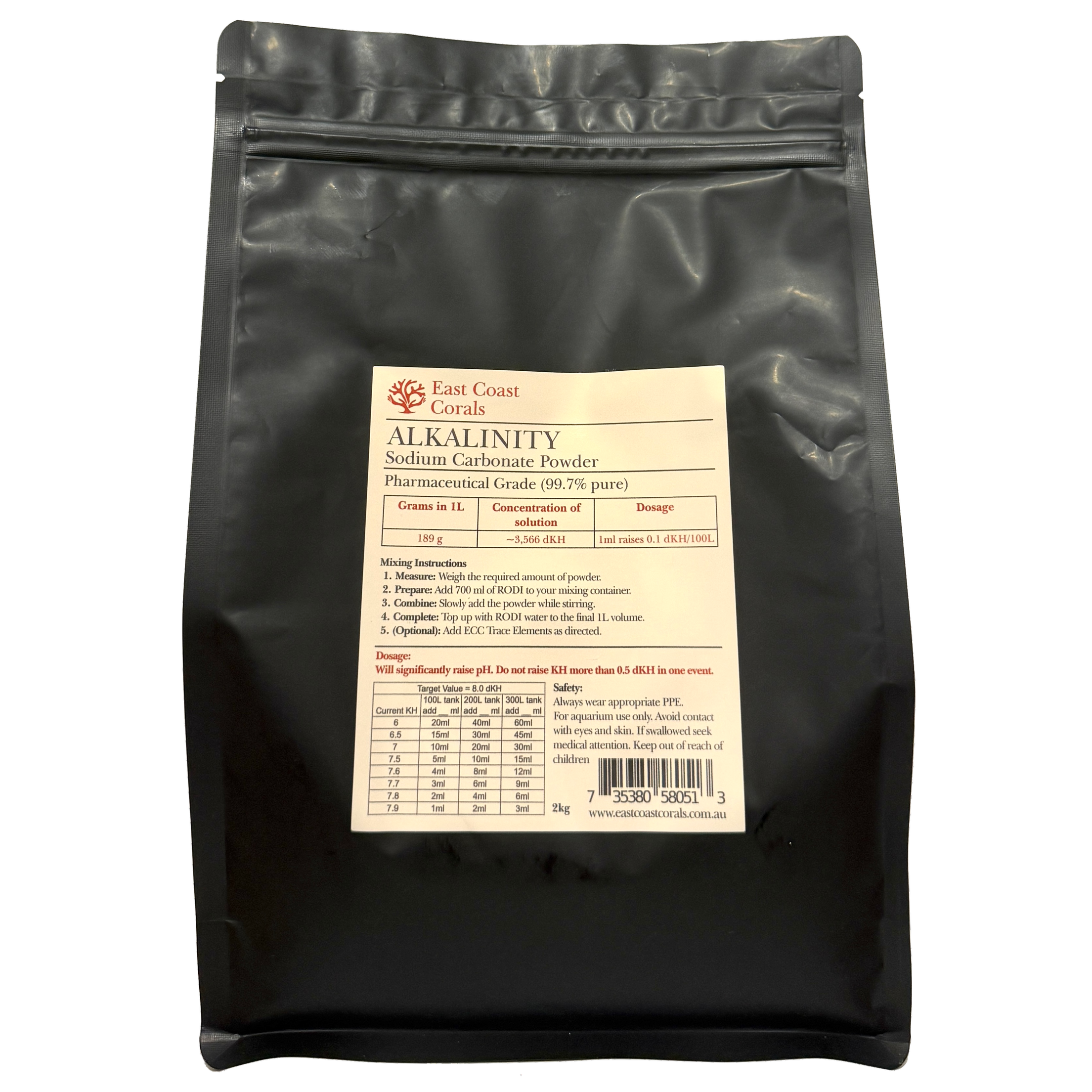 Black resealable package of East Coast Corals pharmaceutical-grade sodium carbonate powder for alkalinity, with a white label providing usage instructions, dosage information, safety warnings, and a barcode.