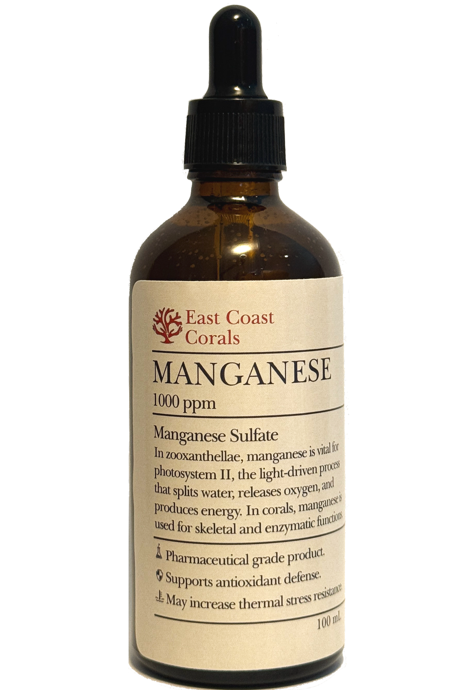 A brown glass dropper bottle labeled East Coast Corals Manganese, 1000 ppm, with information about manganese sulfate as a coral supplement.
