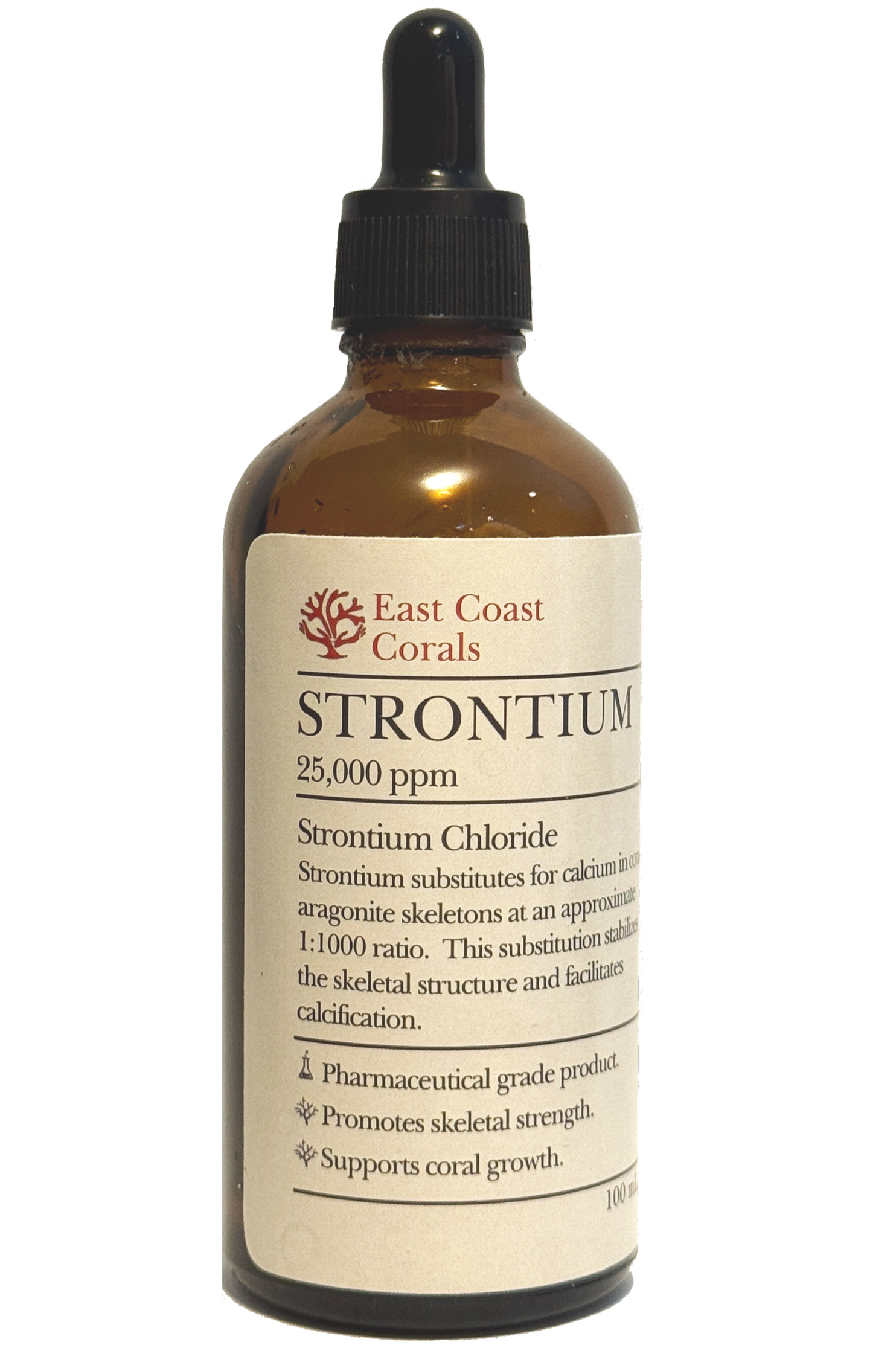 Bottle labeled East Coast Corals Strontium, 25,000 ppm, strontium chloride supplement for coral growth and skeletal strength.
