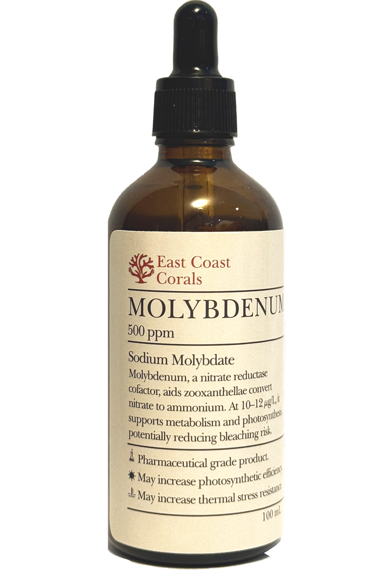 A brown glass dropper bottle labeled East Coast Corals Molybdenum with a white label, black text, and a black dropper cap.