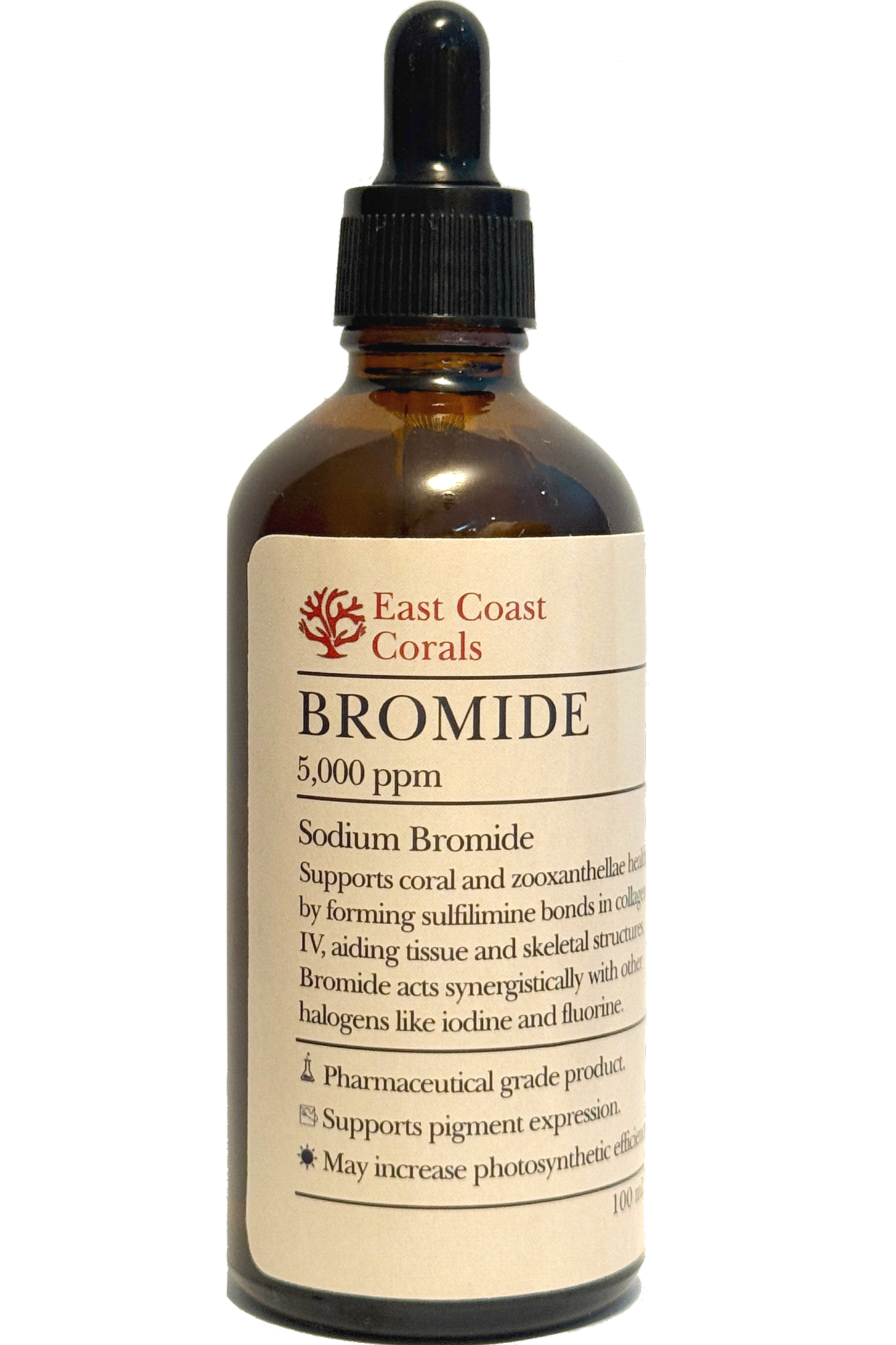 A brown glass dropper bottle labeled 'East Coast Corals' with a white label, containing 5,000 ppm sodium bromide, with text describing its usage for coral and zooxanthellae support and pigment expression.