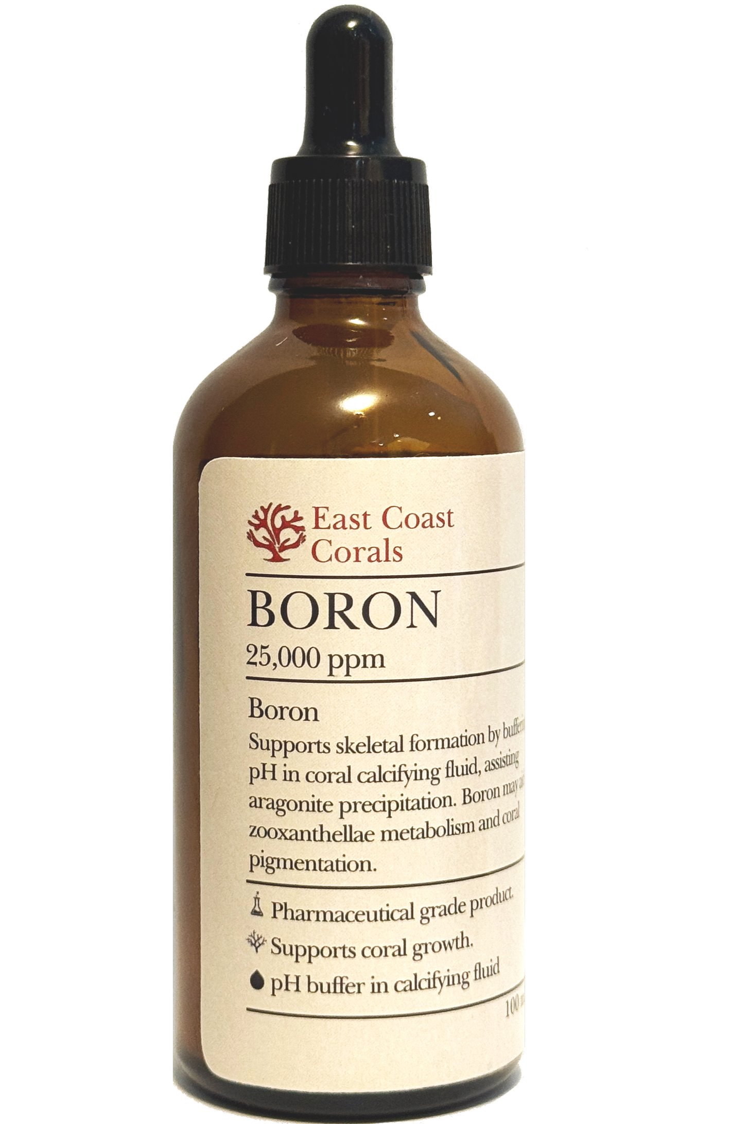 A brown glass bottle with a black dropper cap labeled "East Coast Corals Boron 25,000 ppm." The label indicates it supports coral growth and skeletal formation in coral aquariums.