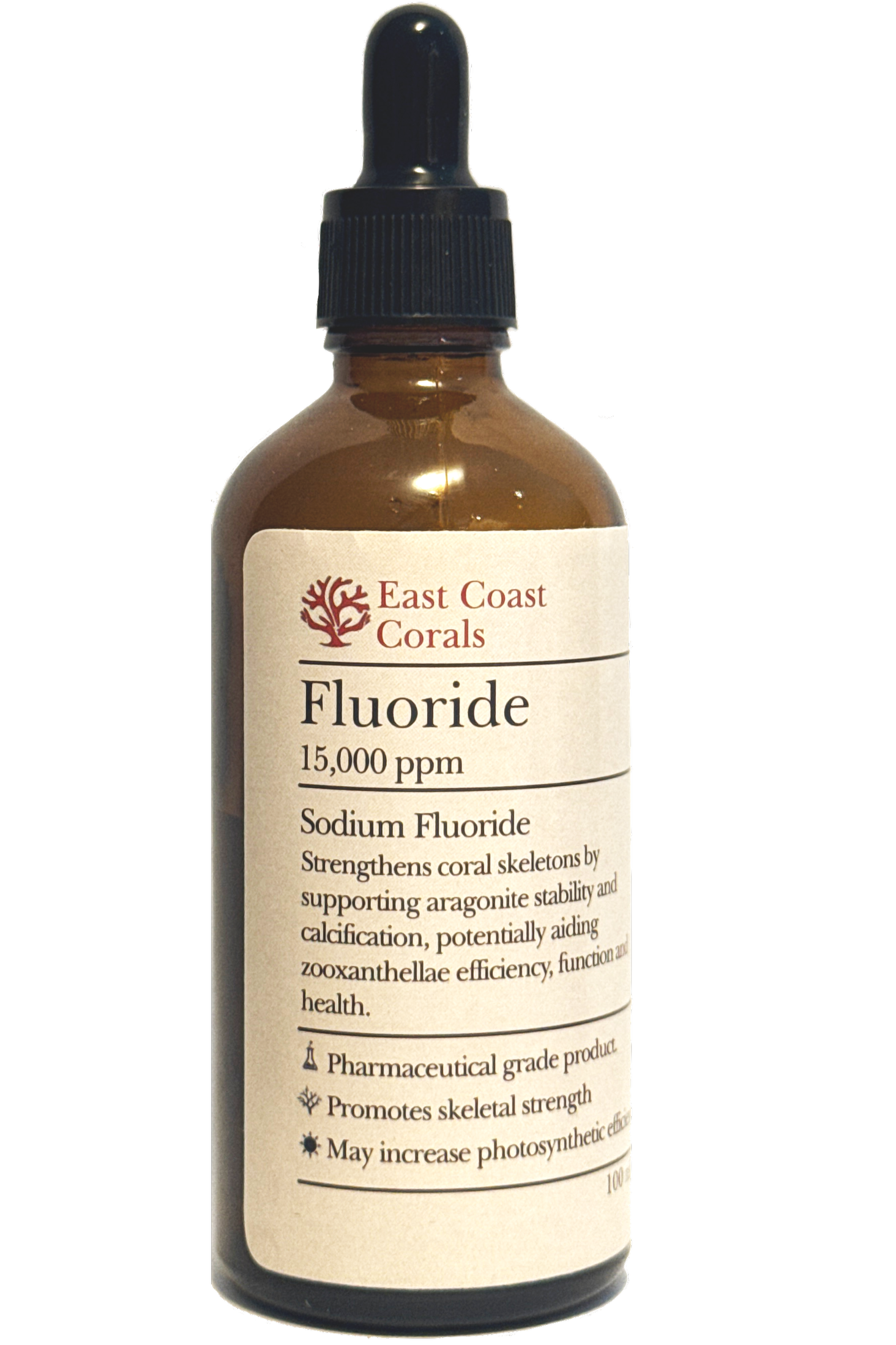 A brown glass bottle with a black dropper cap, labeled with the brand East Coast Corals, containing fluoride 15,000 ppm. The label describes fluoride as sodium fluoride that strengthens coral skeletons, promotes skeletal strength, and may increase photosynthetic efficiency.