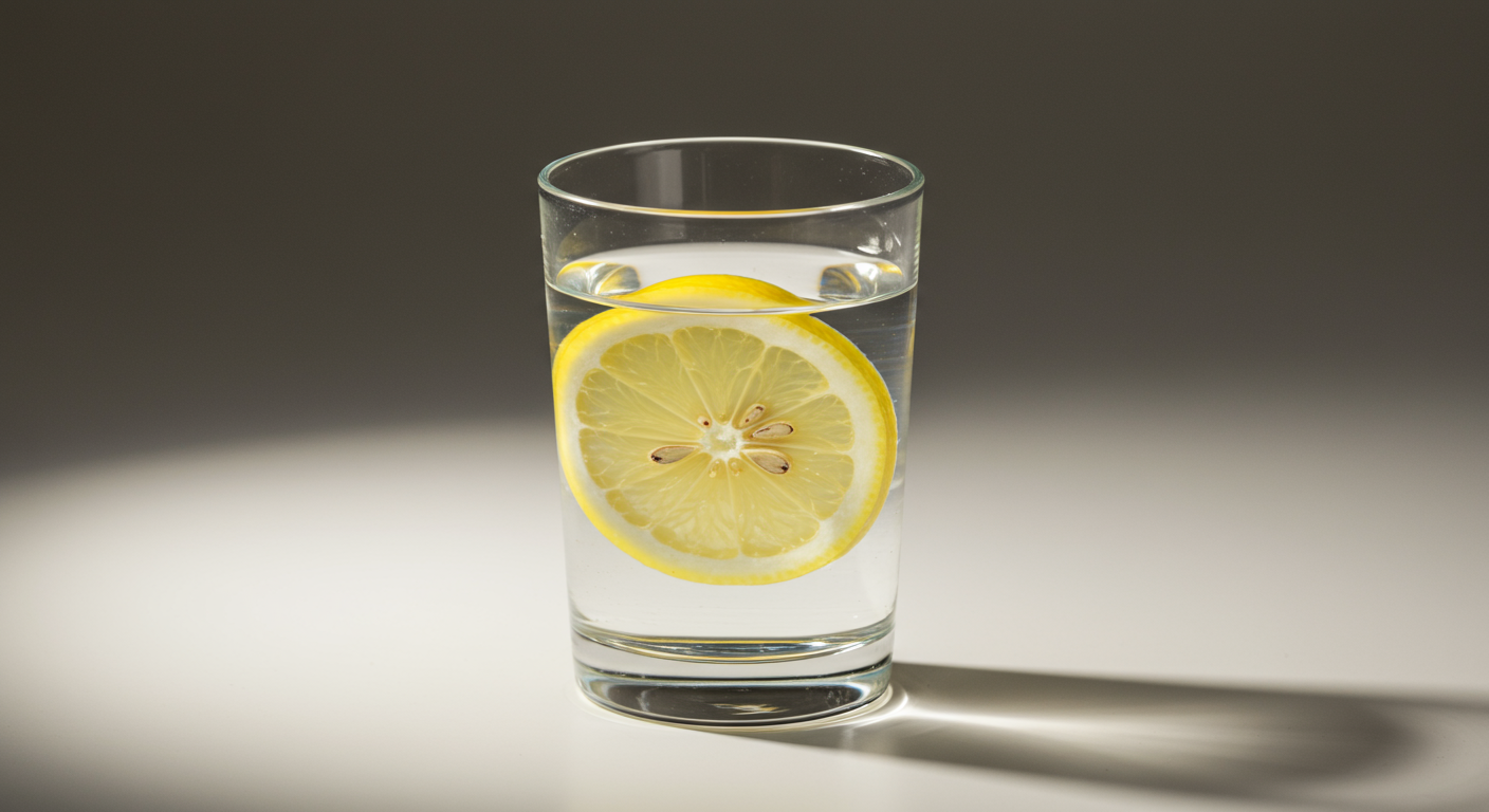 Glass of water with a lemon slice inside and on top, placed on a white surface with a shadow, with a dark gradient background.