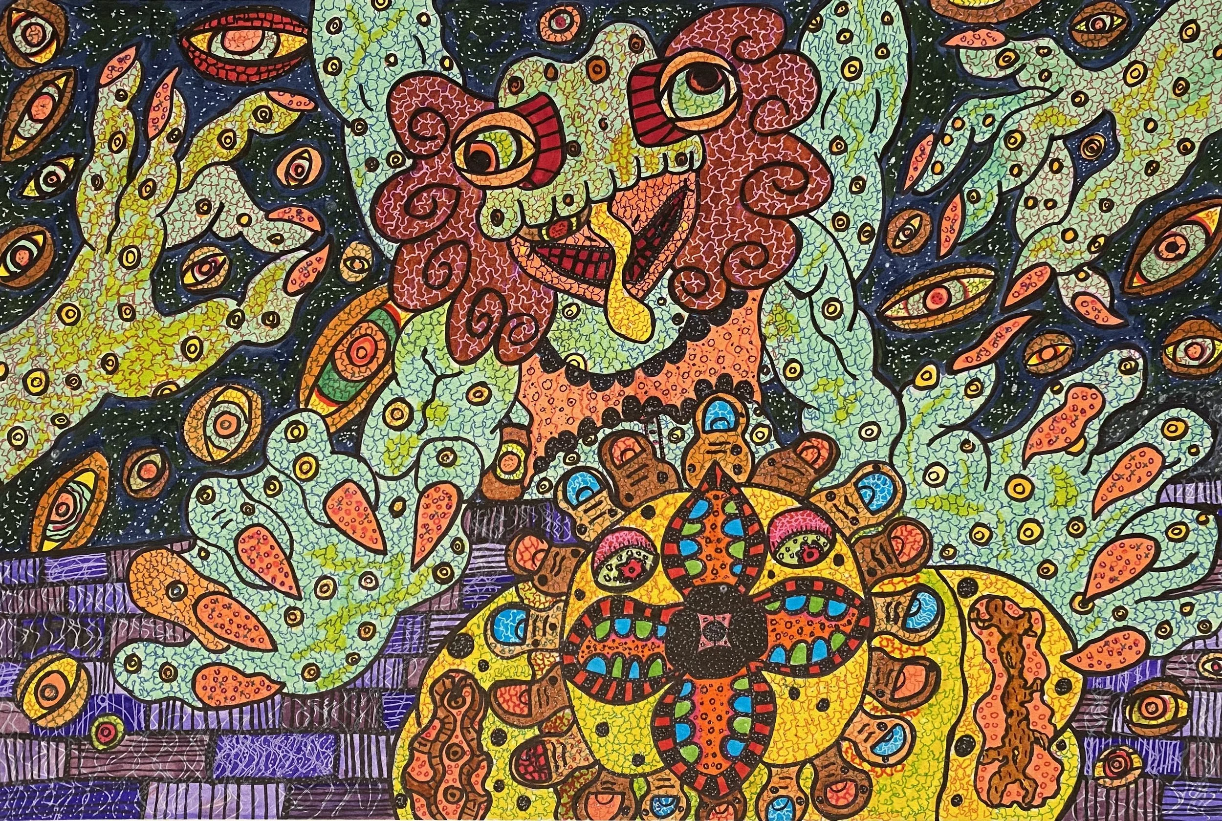  End of the World, Watercolor Markers and Gel Pen on Paper, 12in x 18in, April 2022