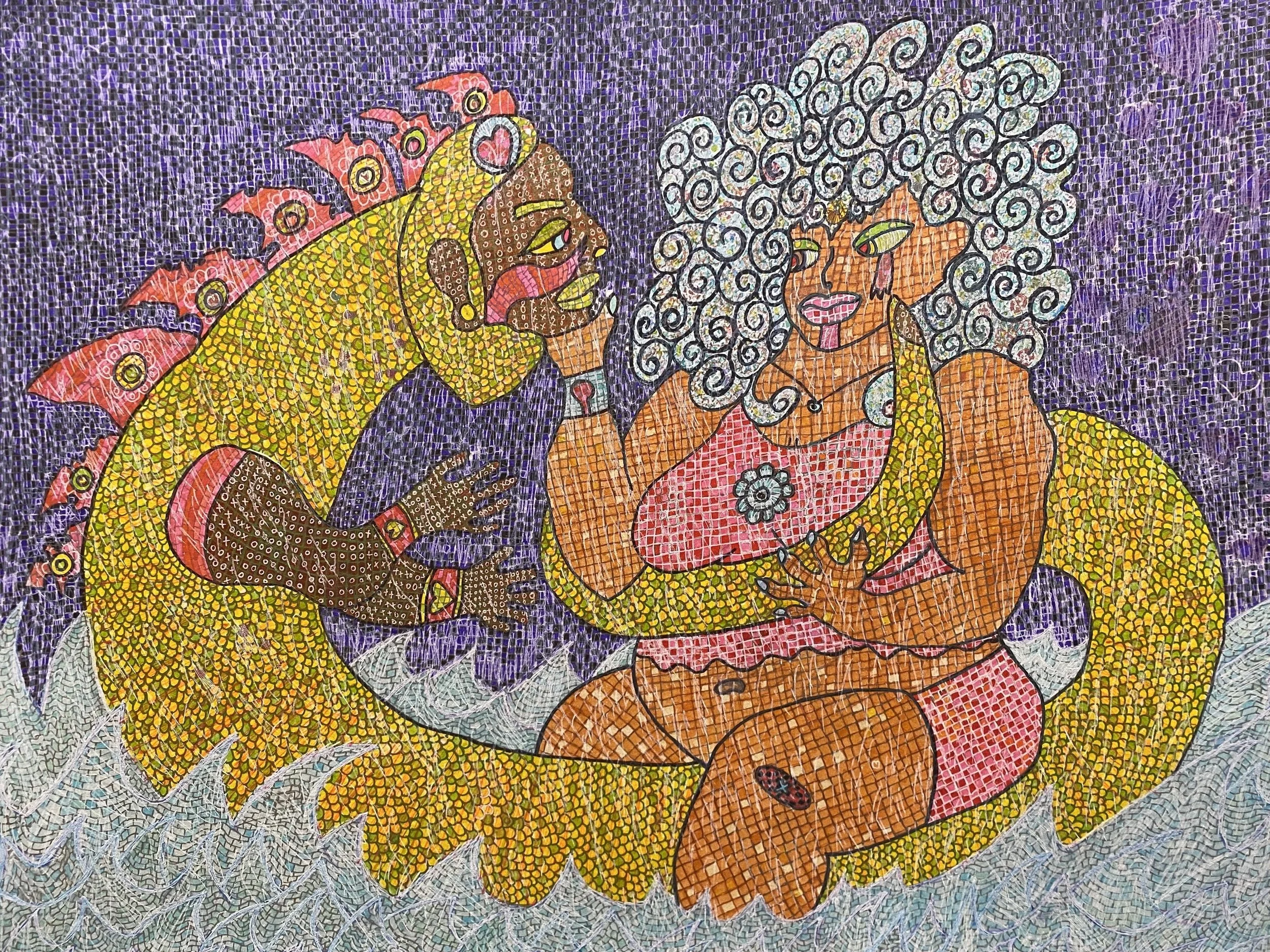Pleromic Leviathan and Her Consort of the Sea, Watercolor Markers and Gel Pens on Paper, 18in x 24in, 2023  