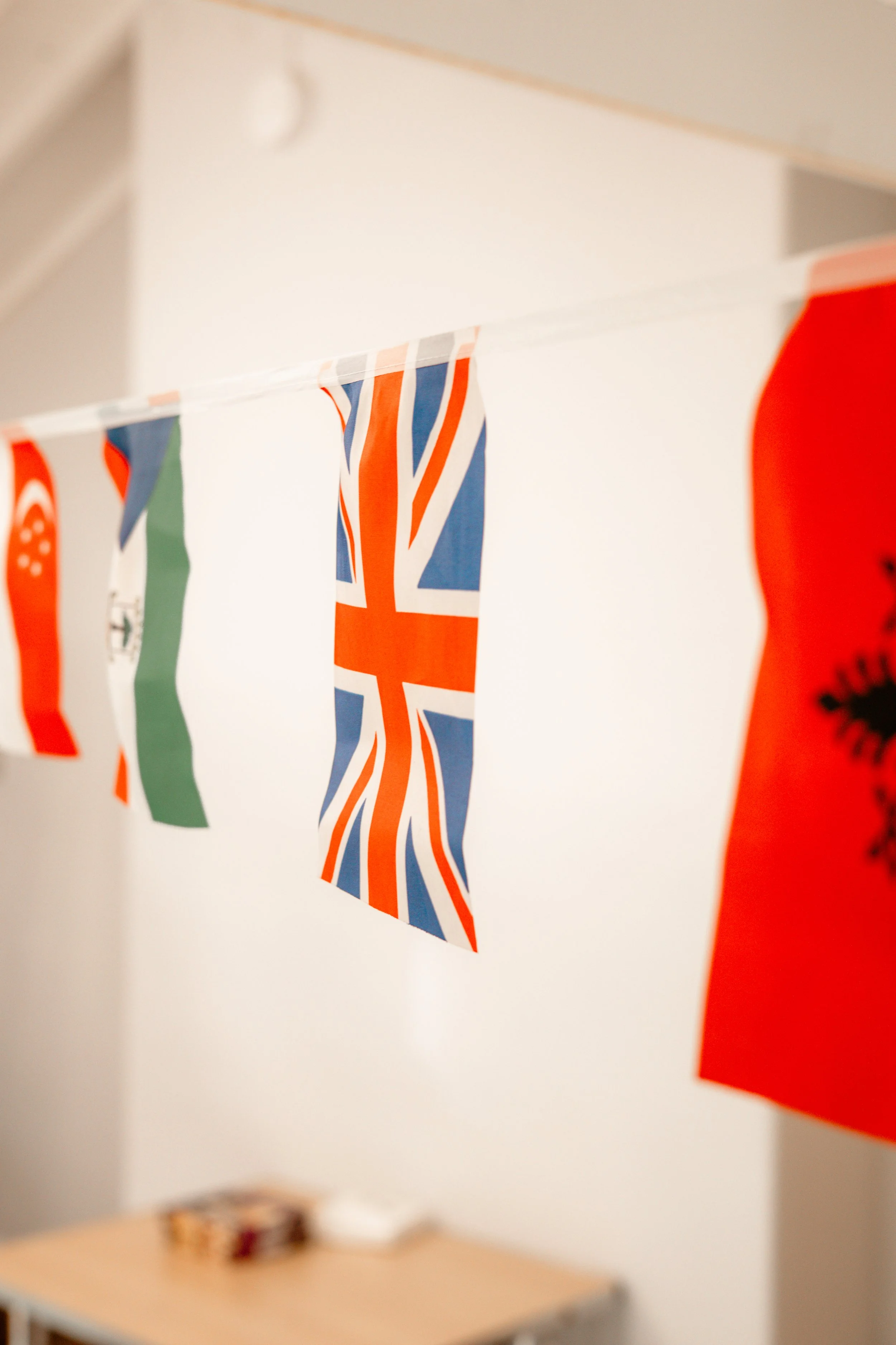 String of small fabric flags with various national flags hanging on a thin wire or string against a plain wall.