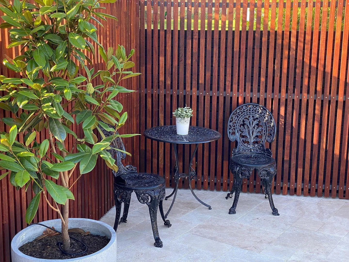 A small outdoor patio with a potted plant, a black wrought iron table, and two wrought iron chairs against wooden cladding.